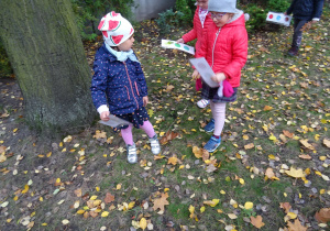 Dziewczynki poszukują liści w kolorach przedstawionych na kartach.